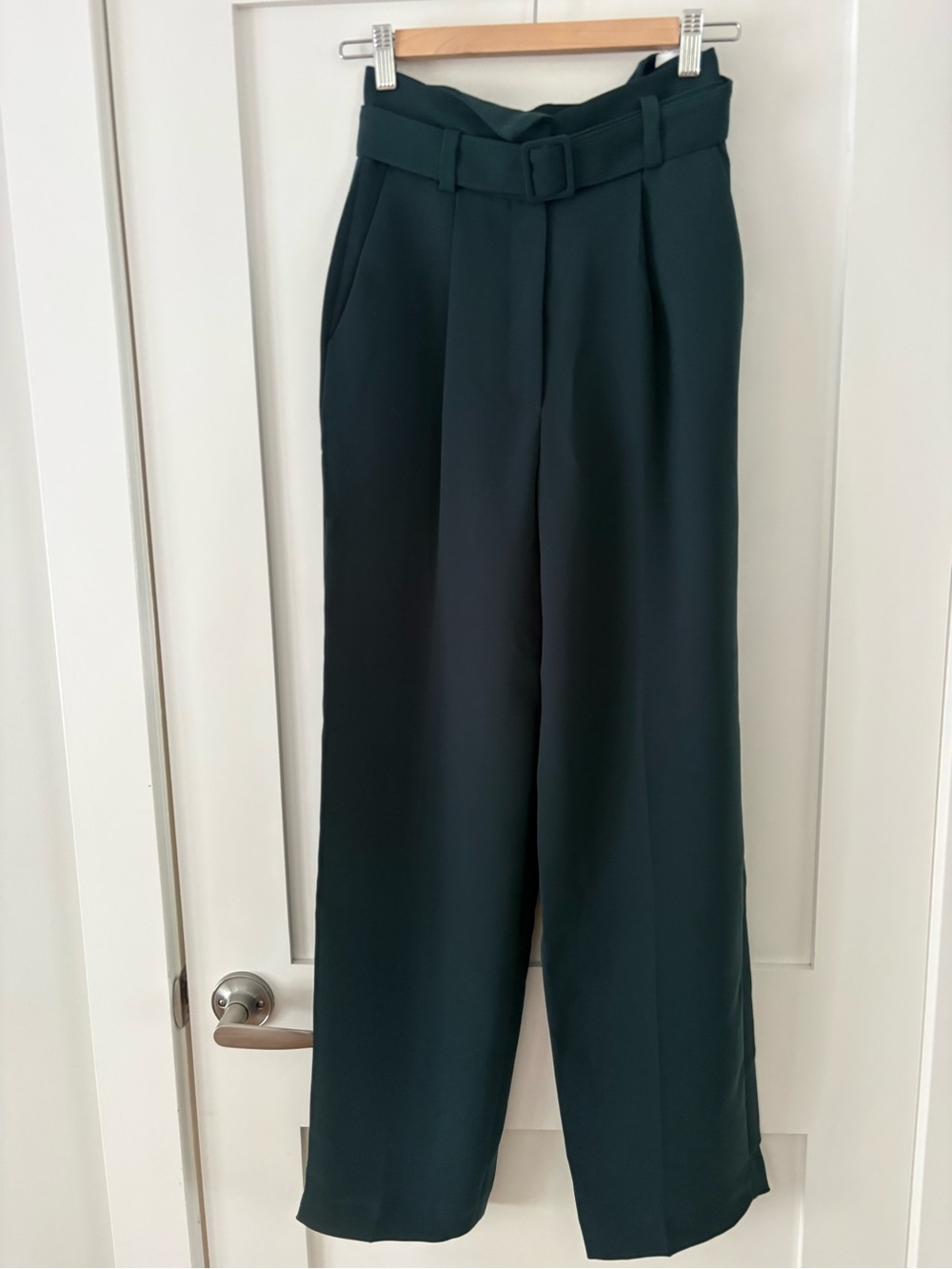 NWT Claudie Pierlot Paris High‑Waisted Belted Trousers – Dark Green – Size 34 XS
